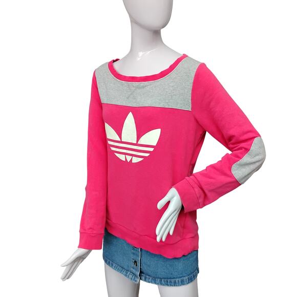 Adidas Sweatshirt Size Large Pink and Gray Colorblock Wide Neckline White Logo - Picture 1 of 10
